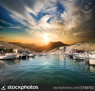 Bay of Balaclava with boats at sunset