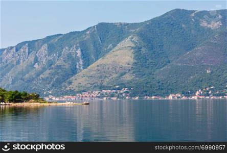 Bay of Kotor summer misty view from up and Kotor town on coast (Montenegro)