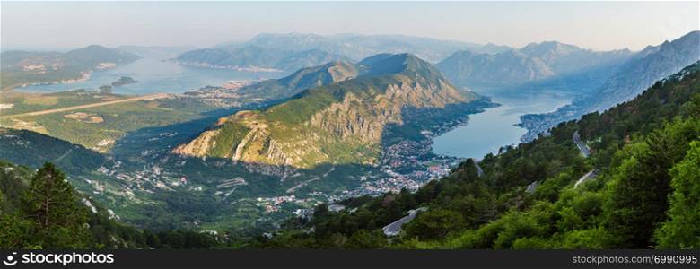 Bay of Kotor summer morning panorama from up and Kotor town, Montenegro