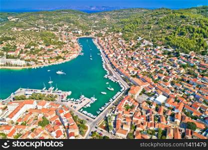 Bay of Vela Luka on Korcula island aerial view, archipelago of southern Dalmatia, Croatia