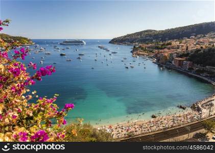 Bay of Villefranche Sur Mer and Cap Ferrat in the Alpes Maritimes department in the Provence Alpes Cote d'Azur region on the French Riviera