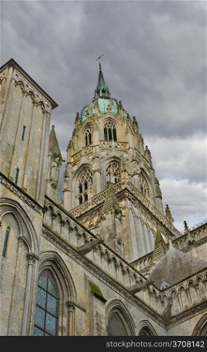 Bayeux Cathedral against a cloudy sky