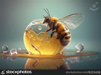 BBee on a honey drop illustration. AI generative.. Bee on a honey drop illustration. AI generative.