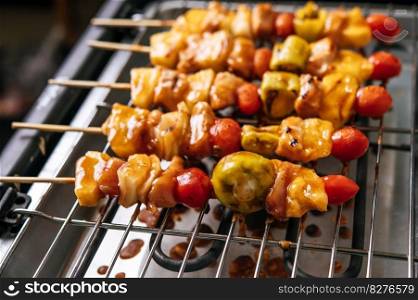 BBQ grill with a variety of meats, complete with tomatoes and bell peppers.