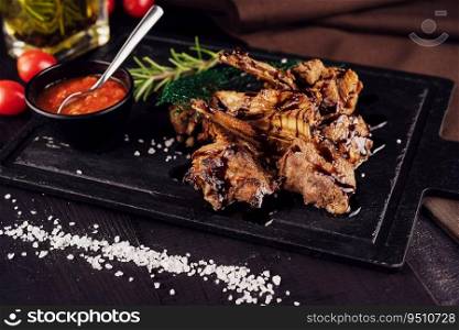 BBQ Grilled lamb chops steaks on board