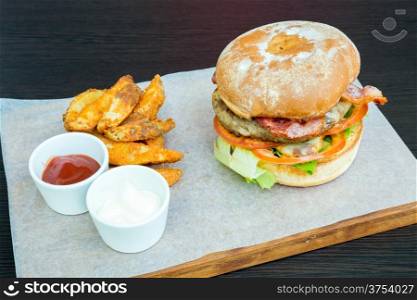 bbq hamburger cheese and french fries