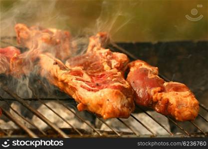 BBQ ribs on the grill, coocikng meat outdoor