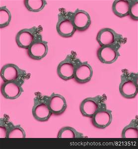 Bdsm sex games concept. Many steel handcuffs lies on pastel pink background. Bondage and Discipline, Domination and Submission, Sadism and Masochism. Bdsm and sex games concept. Many handcuffs on pink