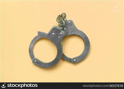 Bdsm sex games concept. Steel handcuffs lies on pastel beige background. Bondage and Discipline, Domination and Submission, Sadism and Masochism. Bdsm and sex games concept. Handcuffs on beige background