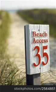 Beach access walkway and sign on Bald Head Island, North Carolina.
