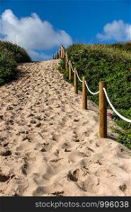 Beach access with sand between dunes. Beach access North Sea