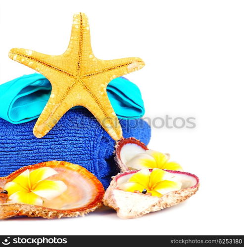 Beach accessories, conceptual image of summertime vacation &amp; travel, isolated on white background