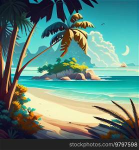 Beach and Palms on Tropical Island Illustration