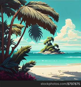 Beach and Palms on Tropical Island Illustration