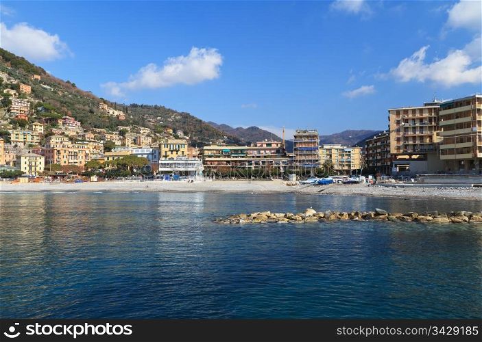 beach and promenade in Recco, small town in Liguria, Italy