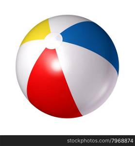 Beach ball isolated on a white background as a classic symbol of summer fun at the pool or ocean with an inflated plastic sphere of red blue white and yellow stripes.