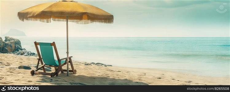 Beach chair and umbrella on beautiful beach. Travel¶dise concept. Ge≠rative AI.. Beach chair and umbrella on beautiful beach. Travel¶dise concept. Ge≠rative AI