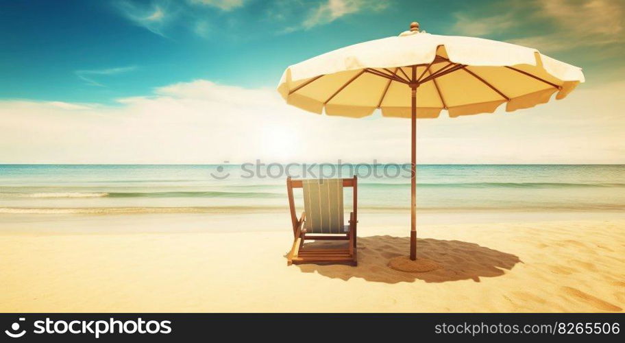 Beach chair and umbrella on beautiful beach. Travel paradise concept. Generative AI.. Beach chair and umbrella on beautiful beach. Travel paradise concept. Generative AI