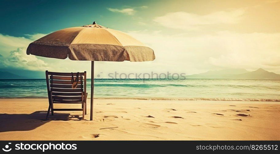 Beach chair and umbrella on beautiful beach. Travel paradise concept. Generative AI.. Beach chair and umbrella on beautiful beach. Travel paradise concept. Generative AI