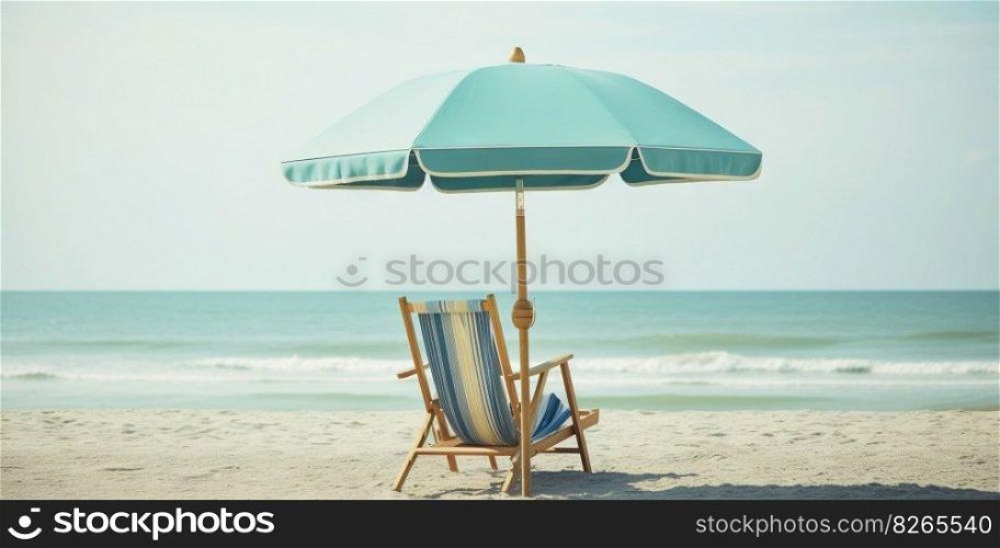 Beach chair and umbrella on beautiful beach. Travel paradise concept. Generative AI.. Beach chair and umbrella on beautiful beach. Travel paradise concept. Generative AI