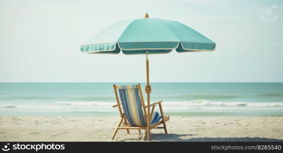 Beach chair and umbrella on beautiful beach. Travel paradise concept. Generative AI.. Beach chair and umbrella on beautiful beach. Travel paradise concept. Generative AI