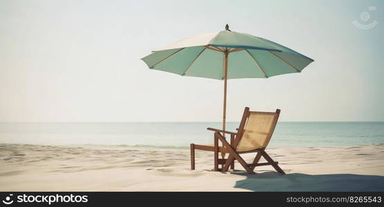 Beach chair and umbrella on beautiful beach. Travel paradise concept. Generative AI.. Beach chair and umbrella on beautiful beach. Travel paradise concept. Generative AI