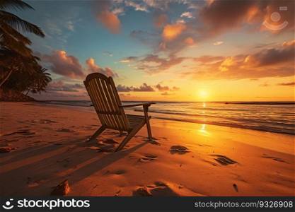 Beach chair on tropical beach at sunset. Generative AI