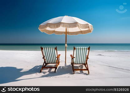 Beach chairs and umbrella on a white sandy beach. Generative AI