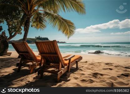 Beach chairs and umbrella on a white sandy beach. Generative AI. Beach chairs on a sandy beach. Generative AI