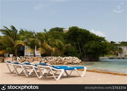 beach chairs on a tropical beach resort in Antigua (blue sky)