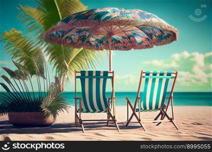  Beach chairs, umbrella and palms on the beach.  Generative AI 