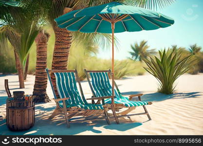  Beach chairs, umbrella and palms on the beach.  Generative AI 