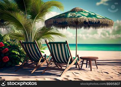  Beach chairs, umbrella and palms on the beach.  Generative AI
