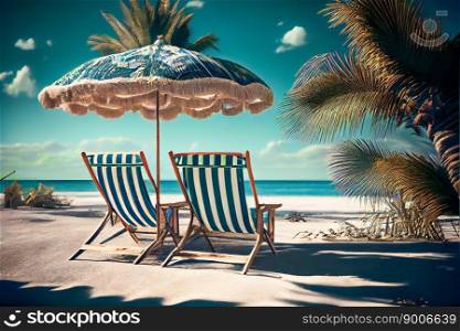  Beach chairs, umbrella and palms on the beach.  Generative AI 