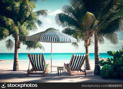  Beach chairs, umbrella and palms on the beach.  Generative AI
