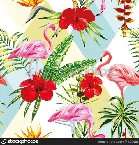 Beach cheerful seamless pattern of wallpaper from tropical green leaves of palm and flowers hibiscus cactus and birds pink flamingo on multicolor patchwork background