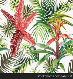 Beach composition of tropical leaves and plants. Seamless vector pattern on a light background