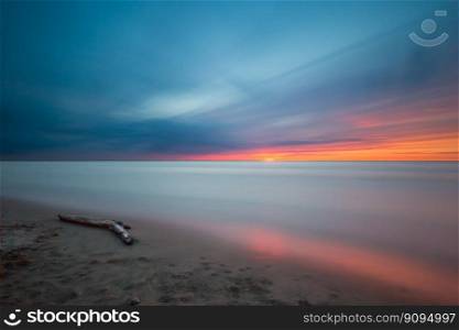 beach driftwood sunset ocean