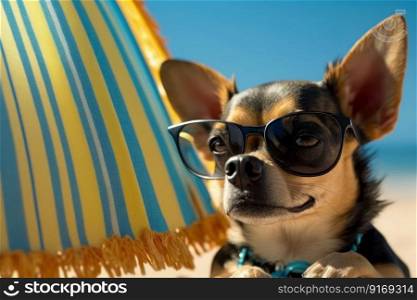 beach holiday with funny pet, chihuahua dog at the resort Generative AI.