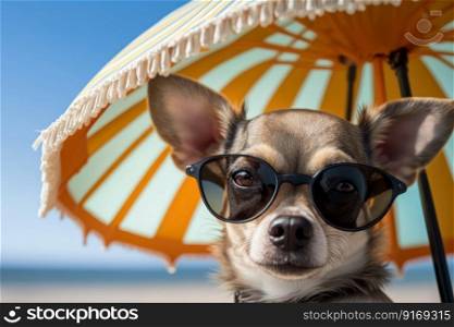 beach holiday with funny pet,χhuahua dog at the resort Ge≠rative AI.
