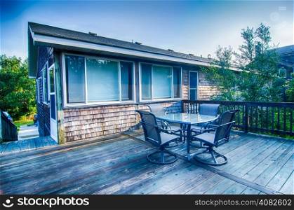 beach house porch deck and patio set at sunrise