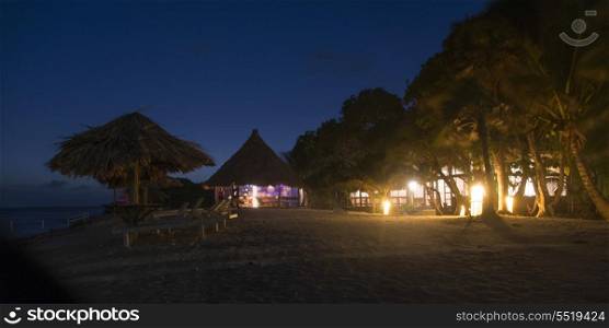 Beach hut at night, Utopia Village, Utila, Bay Islands, Honduras