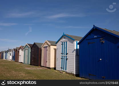 Beach huts near the sea in the UK