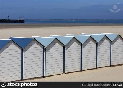 Beach huts on the beach at Dunkirk in northern France.