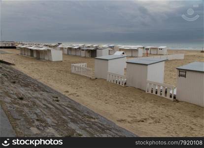 Beach huts, with sandy beach. Blankenberge, West Flanders, Belgium, Europe.