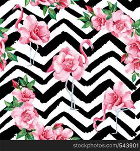 Beach image of a wallpaper with a beautiful tropic pink flamingo and rose flowers. Seamless vector composition on black and white zigzag background