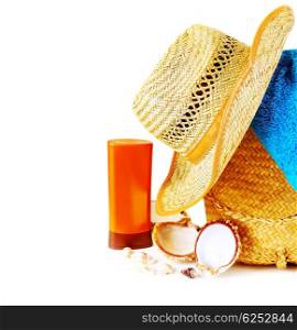 Beach items isolated on white conceptual image of summertime vacation