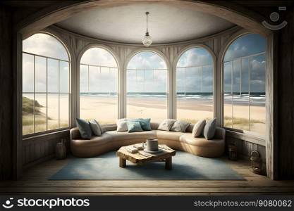 Beach living on Sea view interior with big windows. Neural network AI generated art. Beach living on Sea view interior with big windows. Neural network AI generated