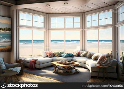 Beach living on Sea view interior with big windows. Neural network AI generated art. Beach living on Sea view interior with big windows. Neural network AI generated