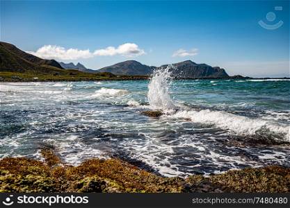 Beach Lofoten islands is an archipelago in the county of Nordland, Norway. Is known for a distinctive scenery with dramatic mountains and peaks, open sea and sheltered bays, beaches